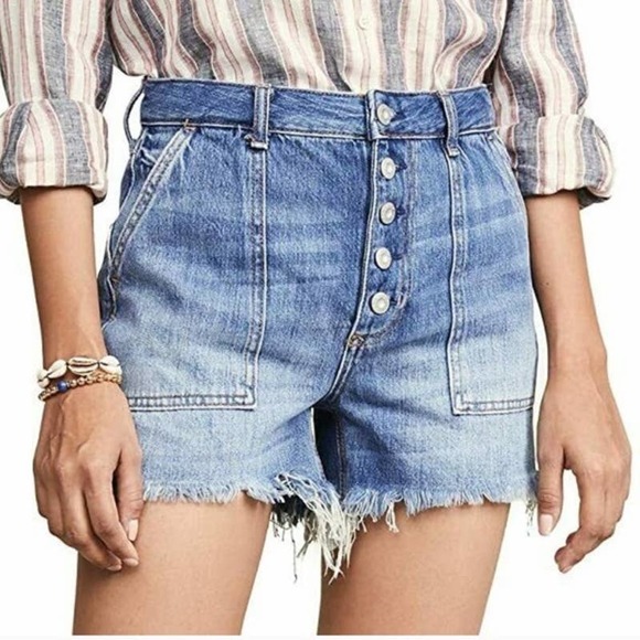 Free People Denim Shorts 24 Blue Jesse Carpenter Button Fly Distressed - Picture 1 of 16